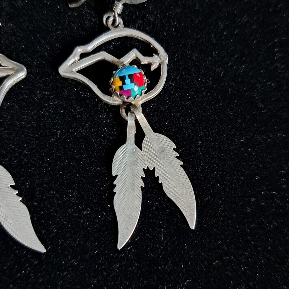 Vintage Southwestern Sterling Silver 925 Navajo Feather Colored Mosaic Earrings - Picture 5 of 9